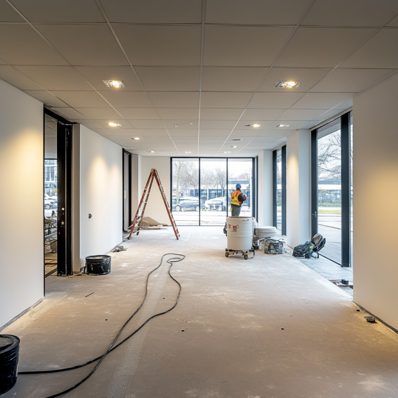 Professionele bouwschoonmaak van afgerond project met schone vloeren en een opgeruimde ruimte.